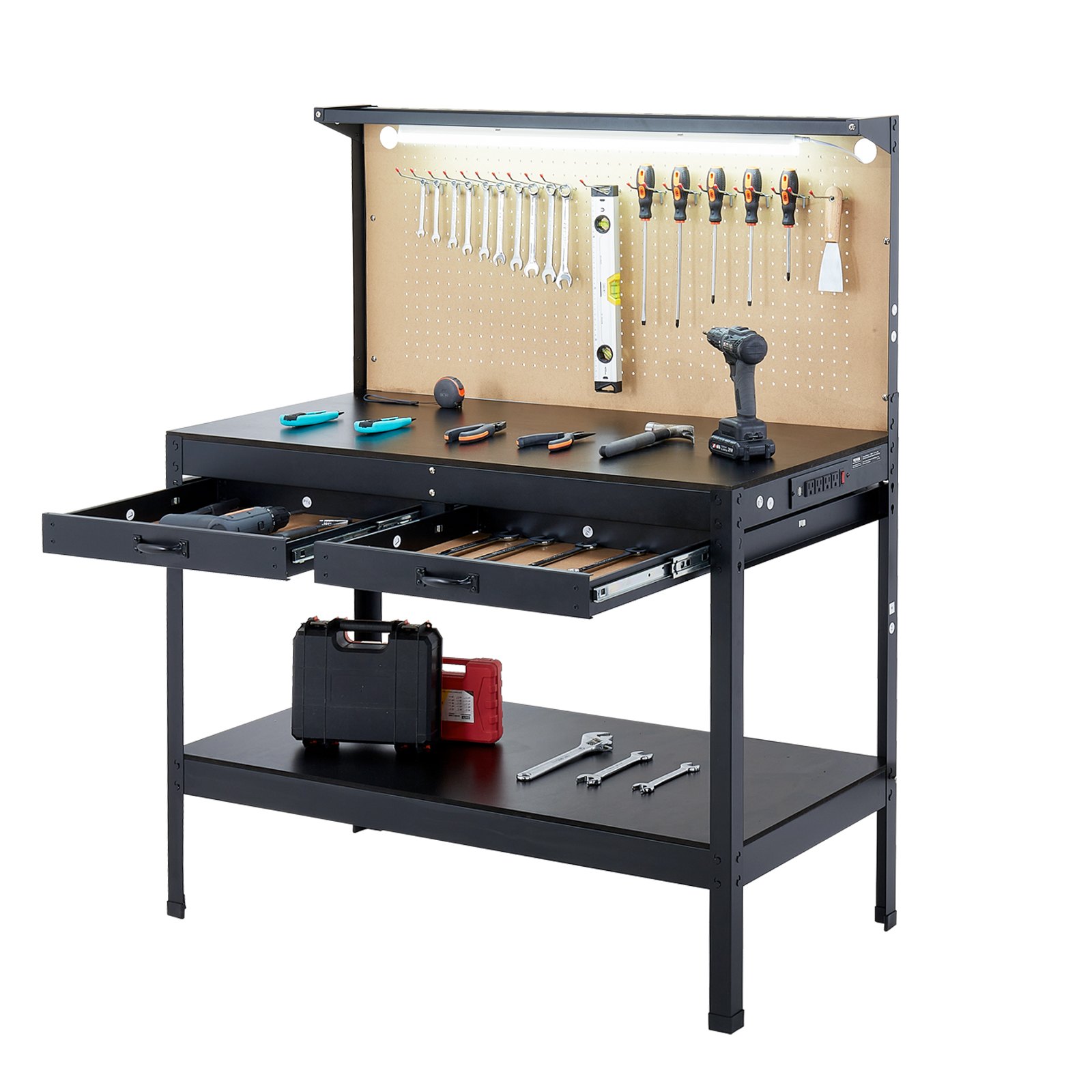VEVOR Hardwood Workbench, 242.5 lbs Weight Capacity, 47.2-inch Heavy Duty Workbench with Pegboard, 4 AC Outlets & 2 USB Ports, 1.5m Cable & 30 Hooks, Garage Work Bench with Drawer for Workshop