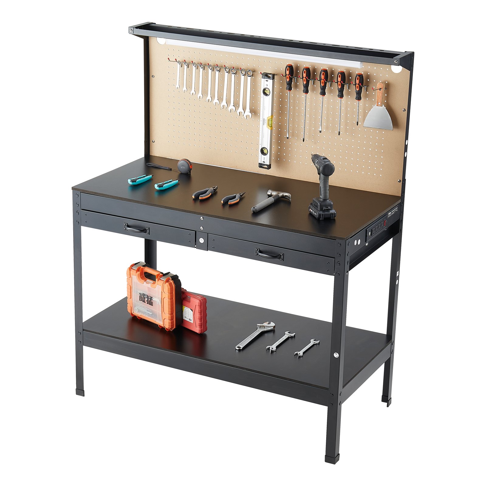 VEVOR Hardwood Workbench, 242.5 lbs Weight Capacity, 47.2-inch Heavy Duty Workbench with Pegboard, 4 AC Outlets & 2 USB Ports, 1.5m Cable & 30 Hooks, Garage Work Bench with Drawer for Workshop