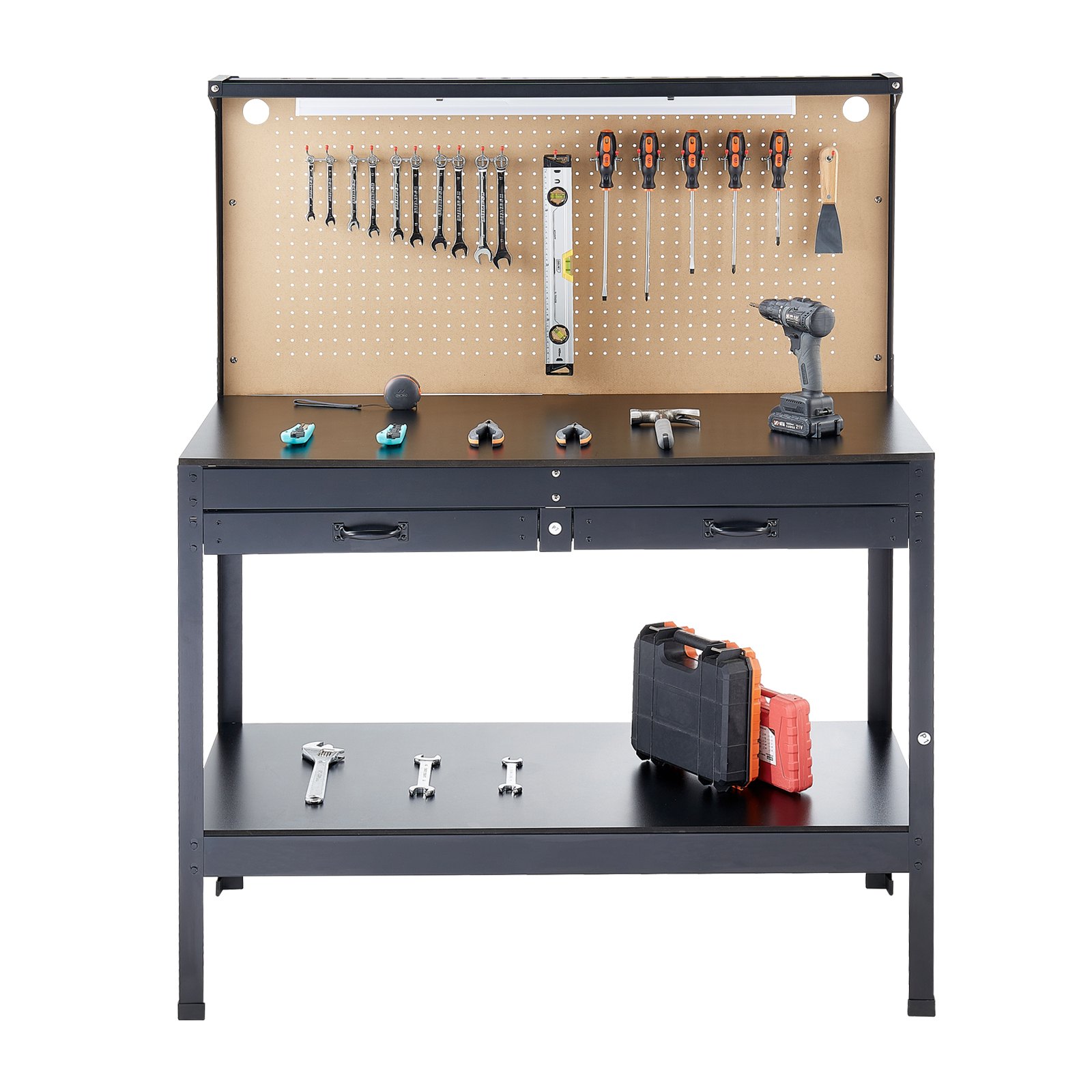 VEVOR Hardwood Workbench, 242.5 lbs Weight Capacity, 47.2-inch Heavy Duty Workbench with Pegboard, 4 AC Outlets & 2 USB Ports, 1.5m Cable & 30 Hooks, Garage Work Bench with Drawer for Workshop