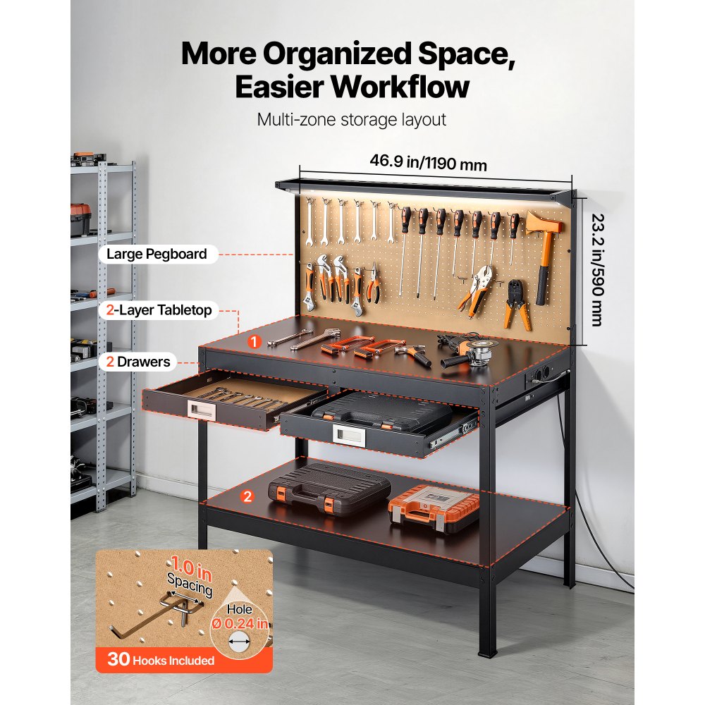 VEVOR Hardwood Workbench, 110 kg Weight Capacity, 1200 mm Heavy Duty Workbench with Pegboard, 4 AC Outlets & 2 USB Ports, 1.5 m Cable & 30 Hooks, Garage Work Bench with Drawer for Workshop