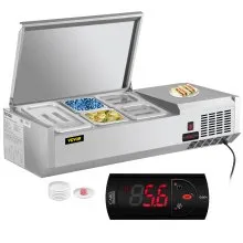 VEVOR Refrigerated Condiment Prep Station, 40-Inch, 7.8 Qt Sandwich/Salad Prep Table with 1 1/3 Pan & 4 1/6 Pans, 150W Salad Bar with 304 Stainless Body and Cover Temp Adjuster One-Click Defrosting