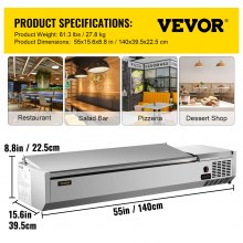 VEVOR Refrigerated Condiment Prep Station, 55-Inch, 13.8Qt Sandwich/Salad Prep Table with 3 1/3 Pans & 4 1/6 Pans, 150W Salad Bar with 304 Stainless Body and Cover Temp Adjuster One-Click Defrosting