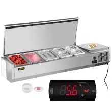VEVOR Refrigerated Condiment Prep Station, 55-Inch, 13.8Qt Sandwich/Salad Prep Table with 3 1/3 Pans & 4 1/6 Pans, 150W Salad Bar with 304 Stainless Body and Cover Temp Adjuster One-Click Defrosting