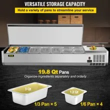VEVOR Refrigerated Condiment Prep Station, 71-Inch, 19.8Qt Sandwich / Salad Prep Table with 5 1/3 Pans & 4 1/6 Pans, 150W Salad Bar with 304 Stainless Body and Cover Temp Adjuster One-Click Defrosting