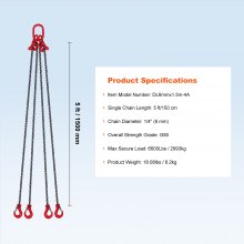 VEVOR 6 mm x 150 cm Chain Sling 4 Legs G80 Lifting Chain with Grab Hooks 2993 kg