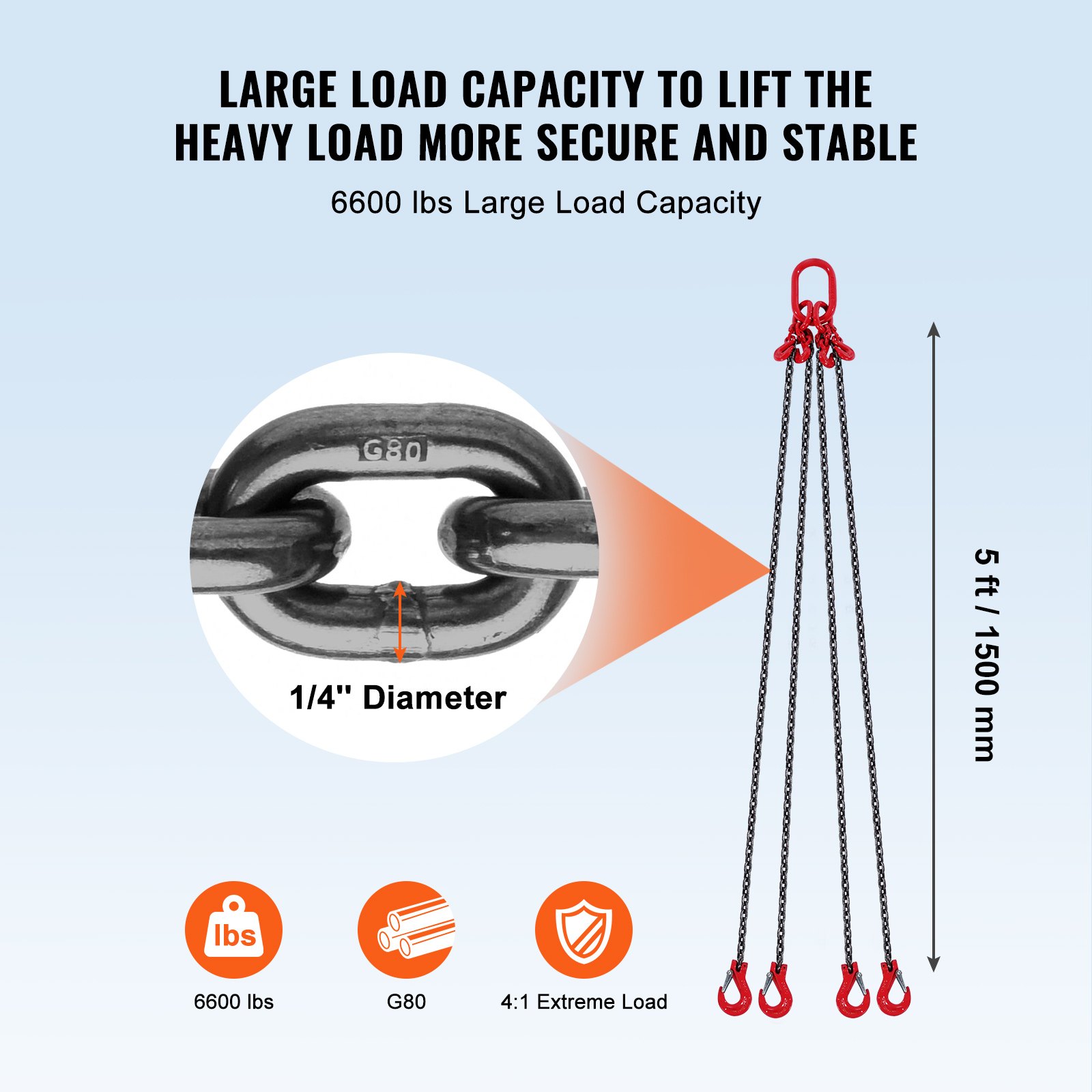 VEVOR Chain Sling, 6 mm x 150 cm Lifting Chains with Hooks, G80 Engine Chain Hoist Lifts, 3 Ton Lifting Sling Chains for Engine Hoist, Engine Lift Chain with 4 Leg Grab Hooks and Adjusters Heavy Duty