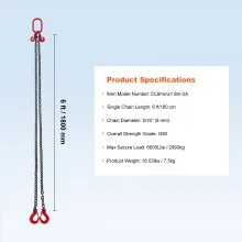 VEVOR 5/16" x 6' Chain Sling 2 Legs G80 Lifting Chain with Grab Hooks 6600 lbs