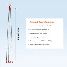 VEVOR 5/16" x 10' Chain Sling 4 Legs G80 Lifting Chain with Grab Hooks 11000 lbs