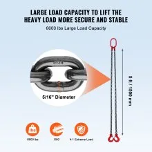 VEVOR 5/16" x 5' Chain Sling 2 Legs G80 Lifting Chain with Grab Hooks 6600 lbs