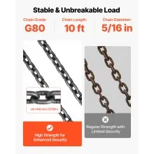 VEVOR Chain Sling, 5/16 in x 10 ft Lifting Chains with 2 Leg Grab Hooks, Heavy Duty G80 Alloy Steel Lifting Sling, 7000LBS Capacity, Adjustable Engine Chain Hoist Lifts for Cargo Security Towing