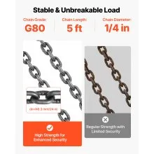 VEVOR Chain Sling, 1/4 in x 5 ft Lifting Chains with 4 Leg Grab Hooks, Heavy Duty G80 Alloy Steel Lifting Sling, 6600LBS Capacity, Adjustable Engine Chain Hoist Lifts for Cargo Security Towing