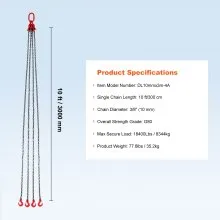 VEVOR 3/8" x 10' Chain Sling 4 Legs G80 Lifting Chain with Grab Hooks 18400 lbs