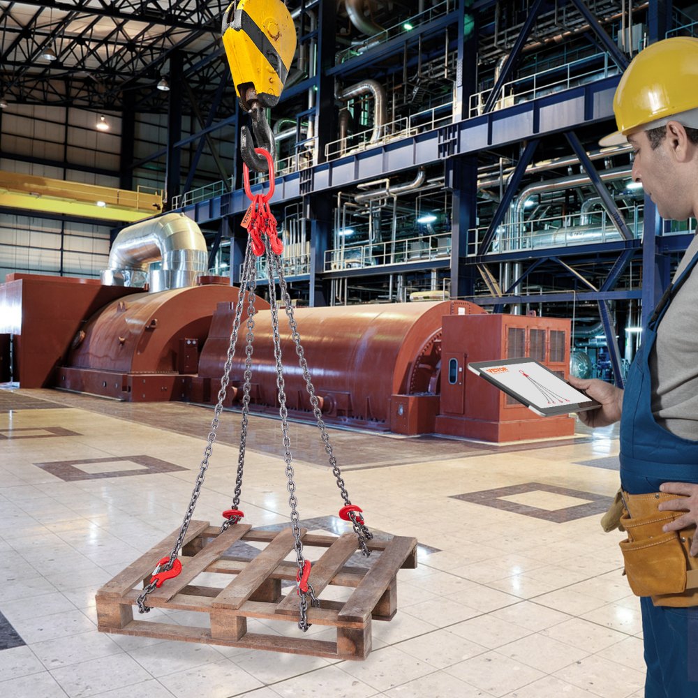 industrial worker using VEVOR chain sling to lift a wooden pallet in a factory setting.