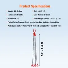 VEVOR 5/16" x 5' Chain Sling 4 Legs G80 Lifting Chain with Grab Hooks 11000 lbs