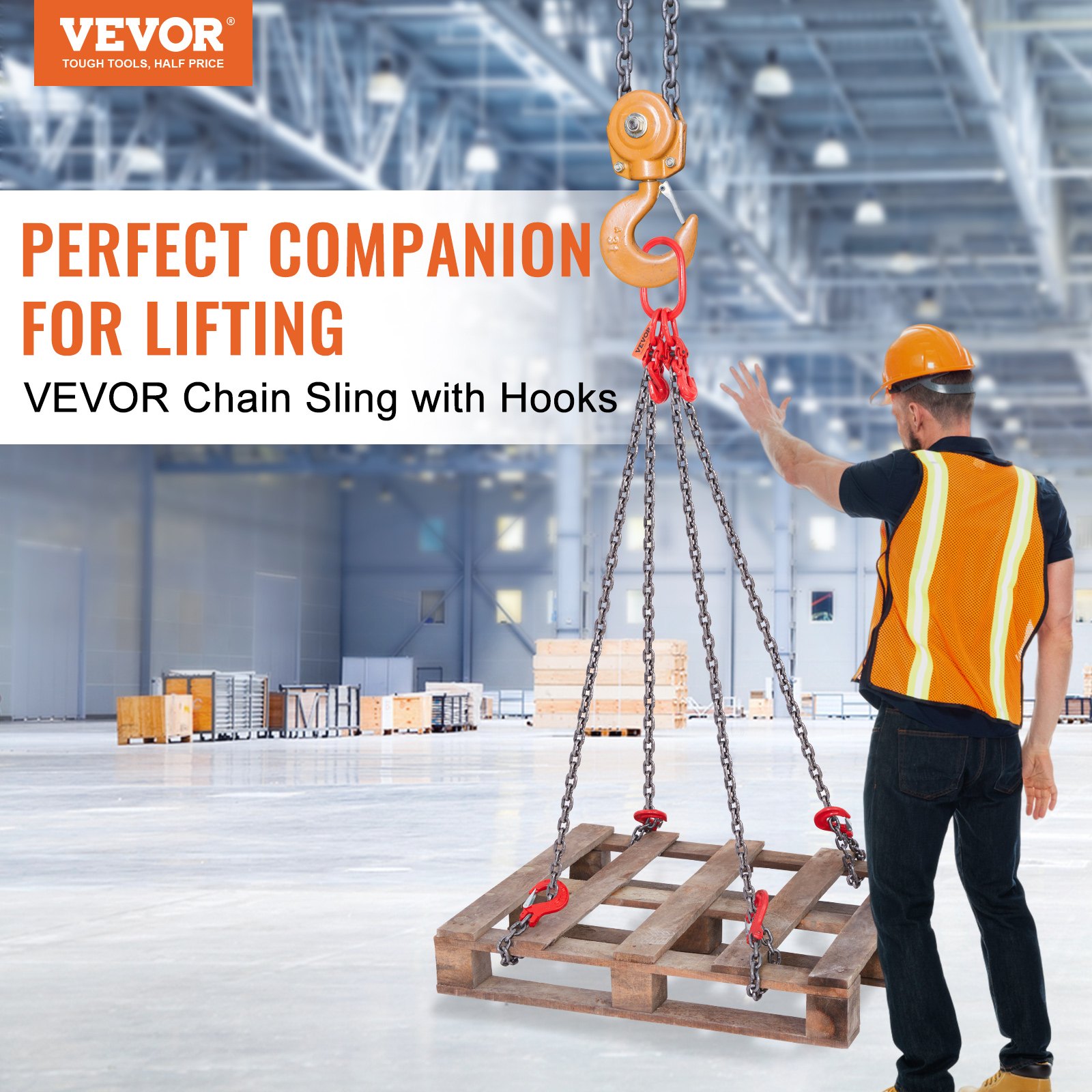 VEVOR chain sling with hooks in use, lifting a wooden pallet in a large warehouse by a worker.