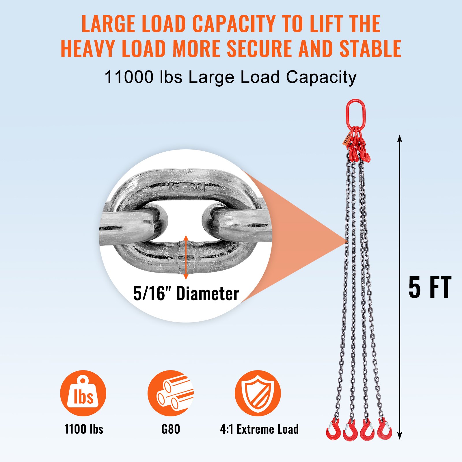 VEVOR chain sling, 5 ft length, 11000 lbs capacity, 5/16&quot; diameter, g80, 4:1 extreme load.