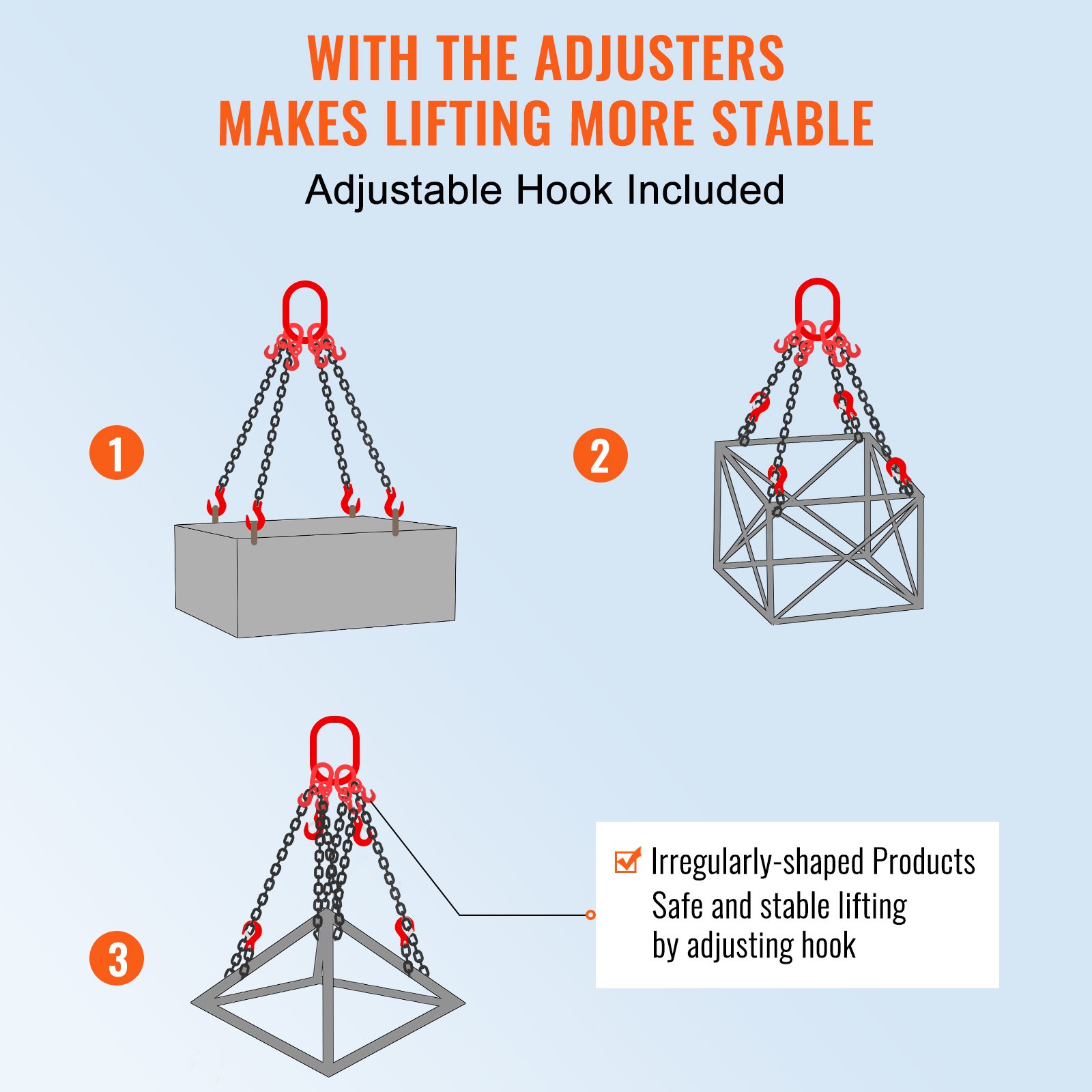 VEVOR chain sling lifting various shaped loads with adjustable hooks for stable and secure hoisting.