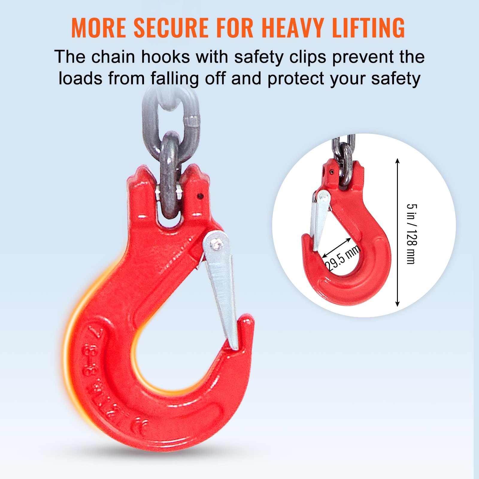 red hook with safety clip and chain for VEVOR chain sling, labeled with dimensions for heavy lifting.