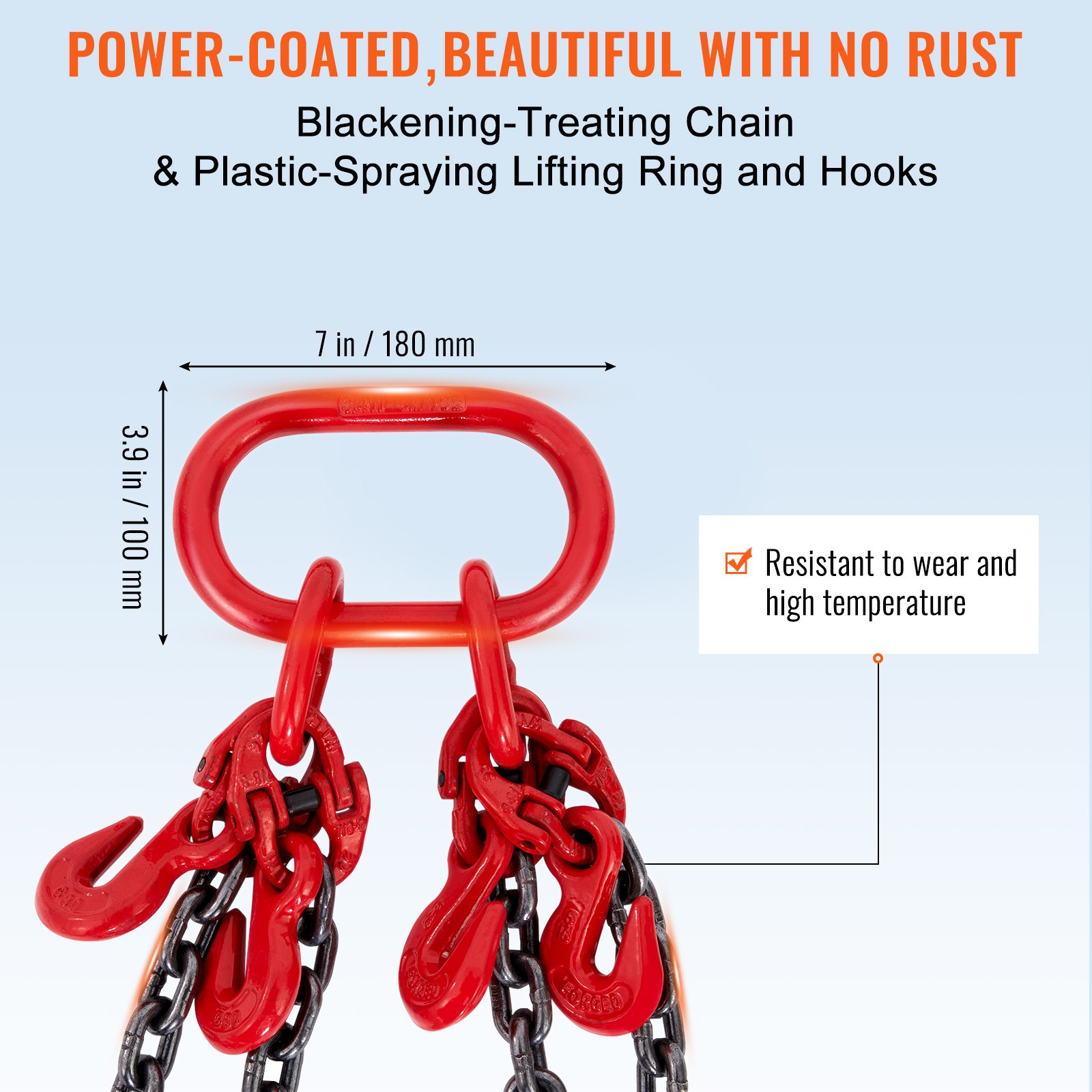 power-coated VEVOR chain sling with red hooks and lifting ring, highlighting rust resistance and durability.