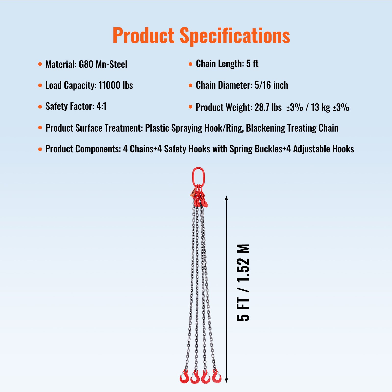 VEVOR chain sling, g80 mn-steel, 4 chains with hooks, 5 ft length, 11000 lbs capacity, 5/16 inch diameter.