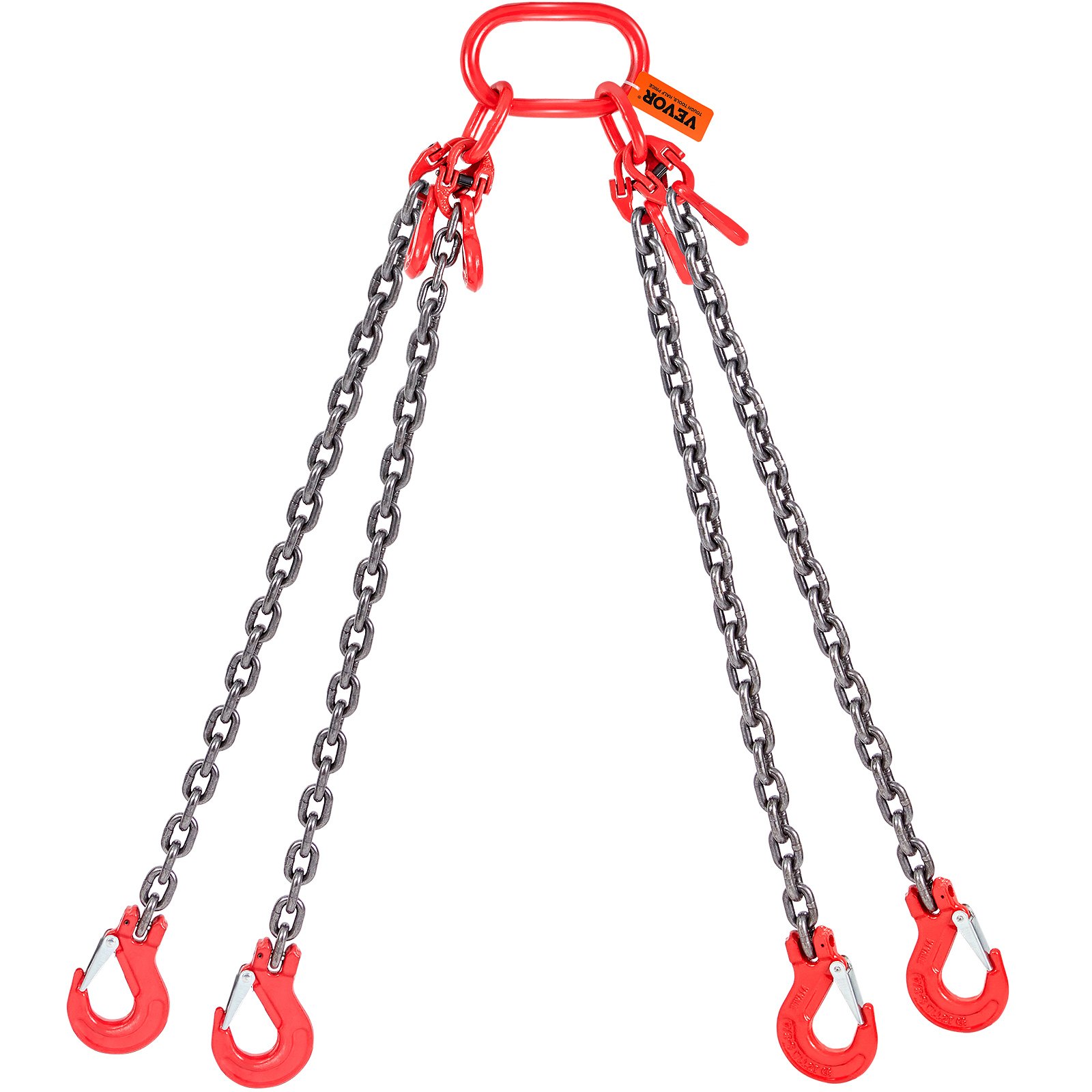 heavy-duty VEVOR chain sling with red hooks and four strong steel chains for lifting.