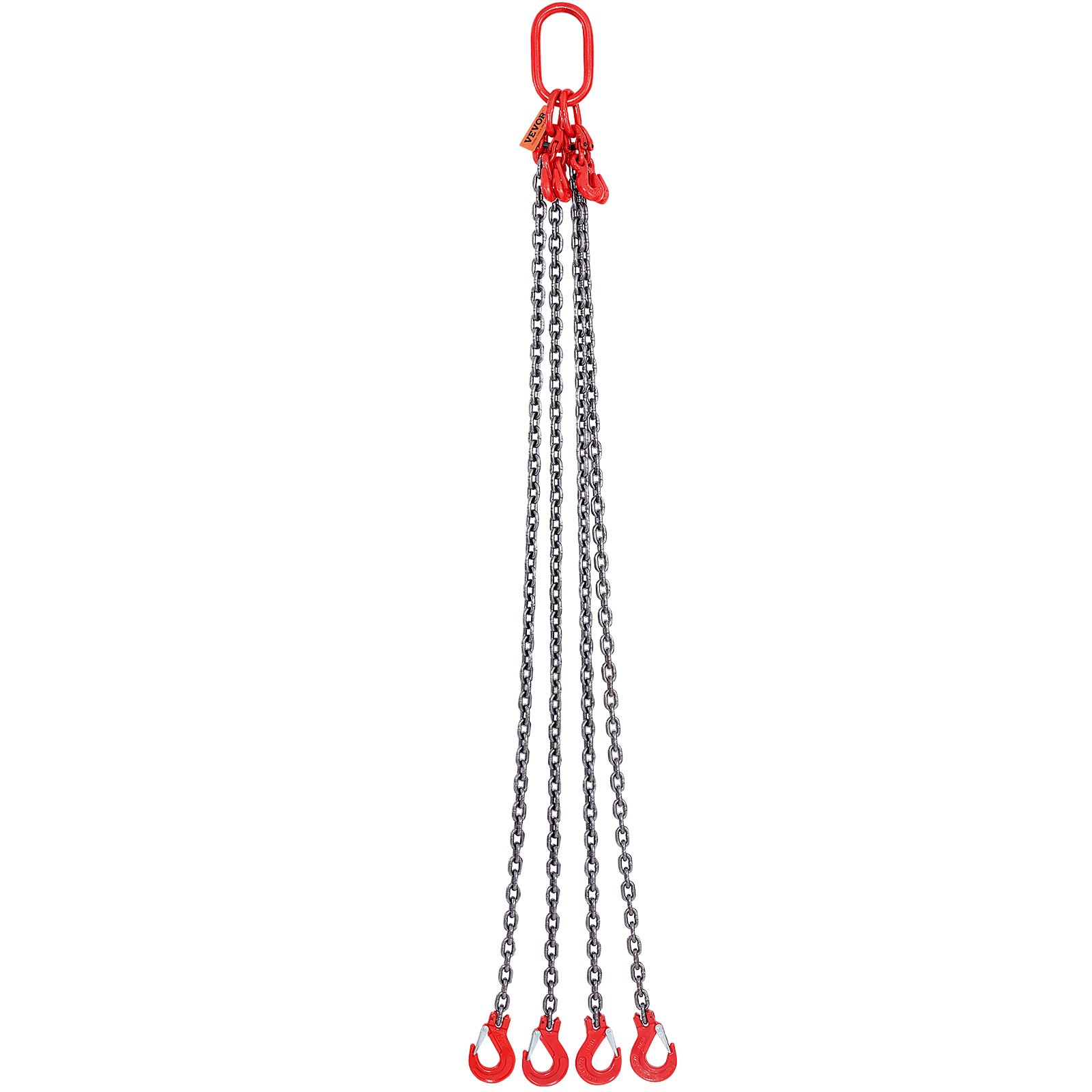 VEVOR chain sling with four legs and red hooks for heavy lifting and industrial use.