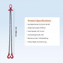 VEVOR 10 mm x 180 cm Chain Sling 2 Legs G80 Lifting Chain with Grab Hooks 5000kg