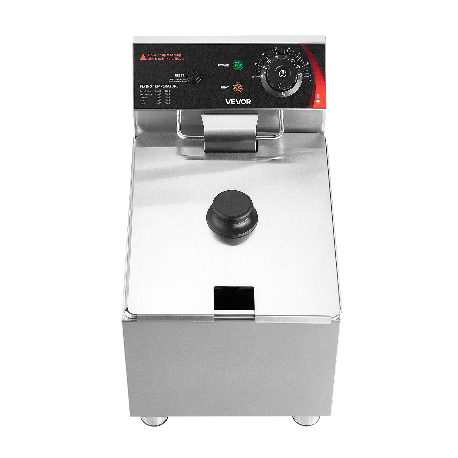 VEVOR Commercial Electric Deep Fryer, 12.15 Qt, 1750W Stainless Steel Countertop Fryer with Basket and Lid, Overheat Protection, Temp Control, Adjustable Feet for Commercial Restaurant Use, Silver