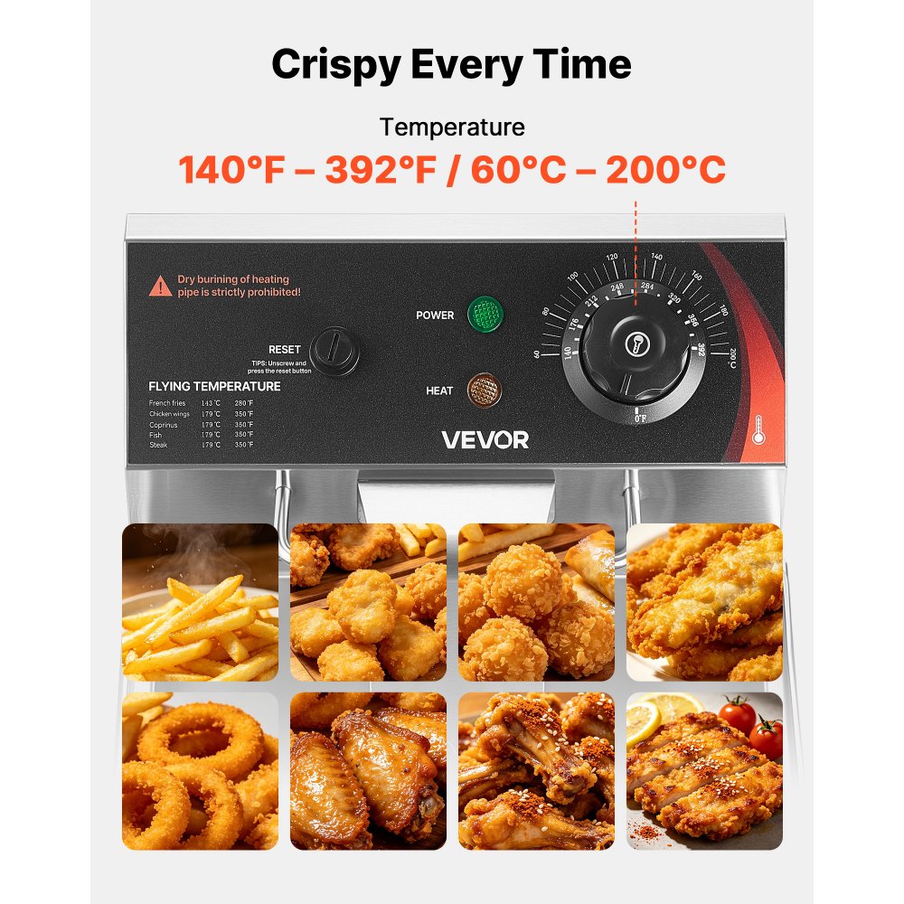 VEVOR Commercial Electric Deep Fryer, 7.5 L Oil Capacity, 2500W Stainless Steel Countertop Fryer with Basket and Lid, Overheat Protection, Temp Control, Adjustable Feet for Commercial Restaurant Use