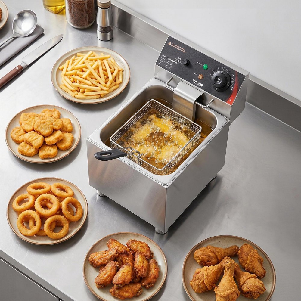 VEVOR Commercial Electric Deep Fryer, 7.5 L Oil Capacity, 2500W Stainless Steel Countertop Fryer with Basket and Lid, Overheat Protection, Temp Control, Adjustable Feet for Commercial Restaurant Use