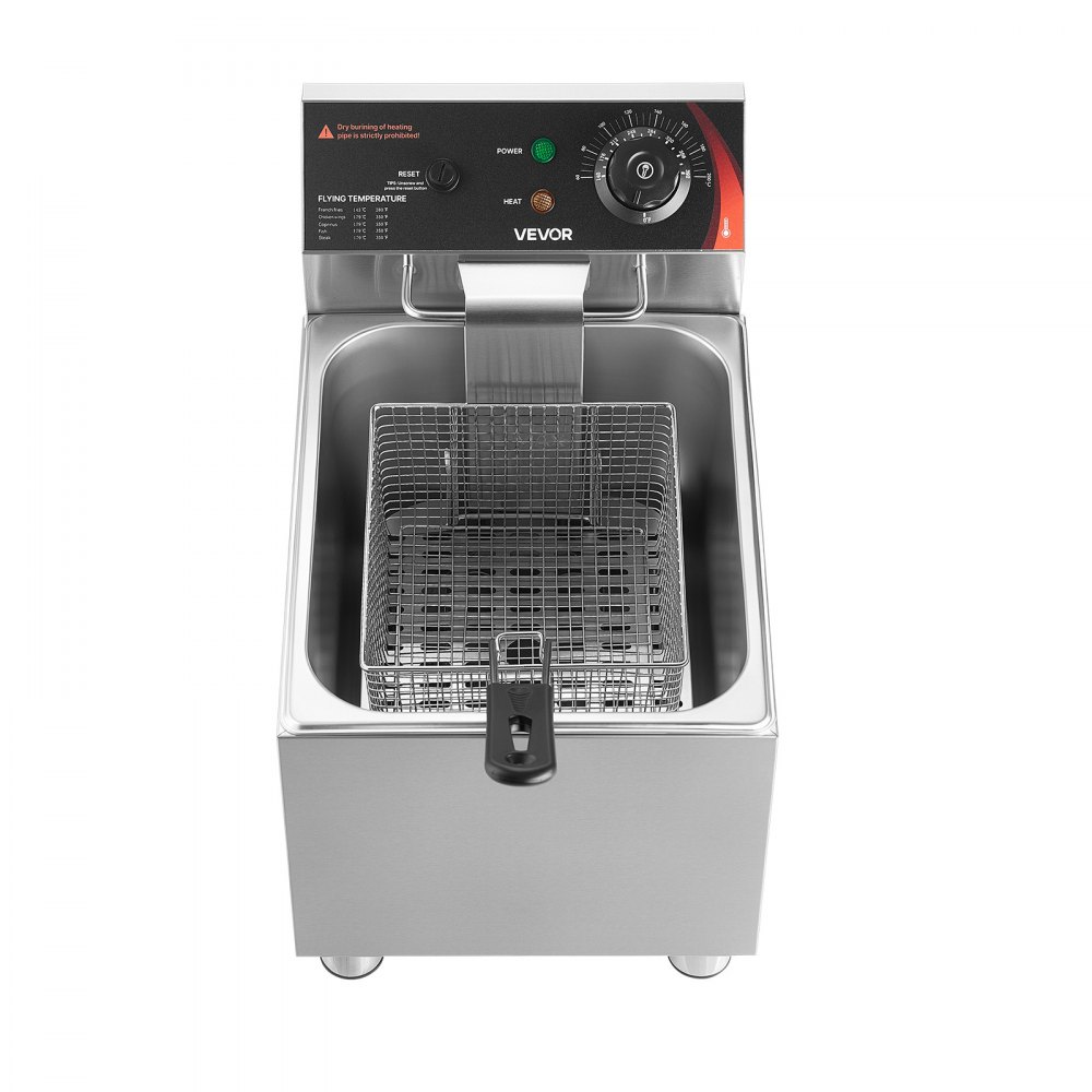 VEVOR Commercial Electric Deep Fryer, 7.5 L Oil Capacity, 2500W Stainless Steel Countertop Fryer with Basket and Lid, Overheat Protection, Temp Control, Adjustable Feet for Commercial Restaurant Use