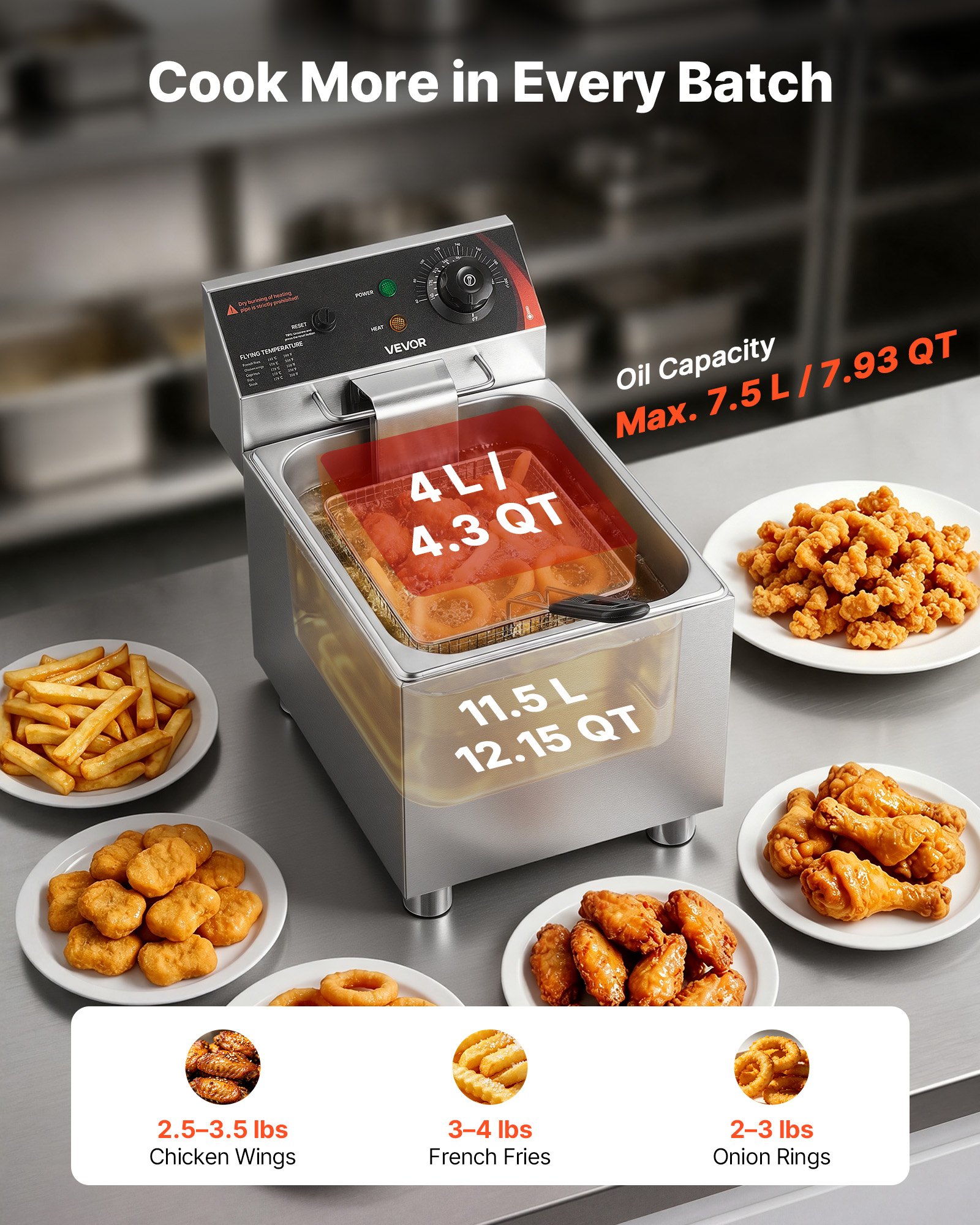 VEVOR Commercial Electric Deep Fryer, 7.5 L Oil Capacity, 2500W Stainless Steel Countertop Fryer with Basket and Lid, Overheat Protection, Temp Control, Adjustable Feet for Commercial Restaurant Use