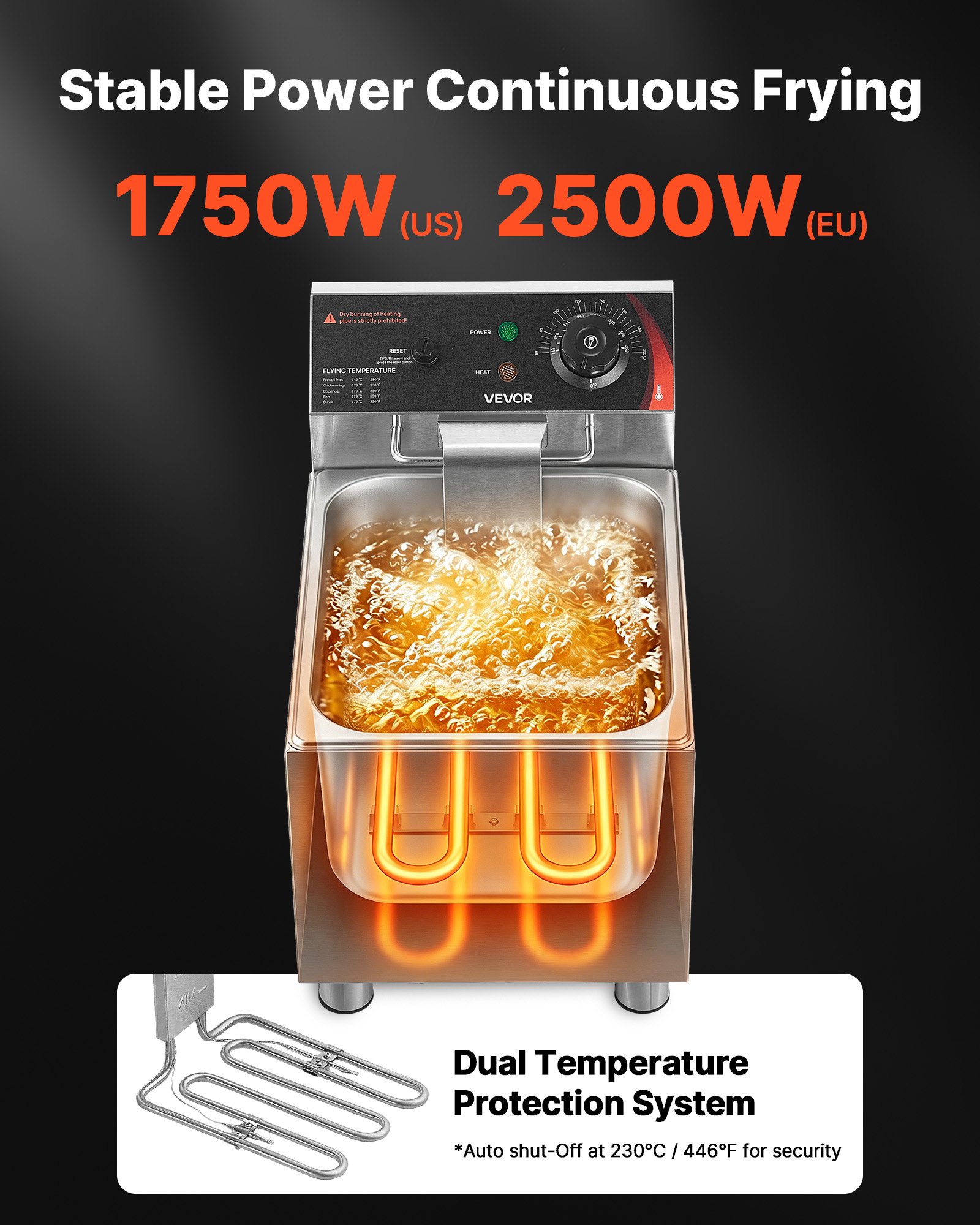 VEVOR Commercial Electric Deep Fryer, 7.5 L Oil Capacity, 2500W Stainless Steel Countertop Fryer with Basket and Lid, Overheat Protection, Temp Control, Adjustable Feet for Commercial Restaurant Use