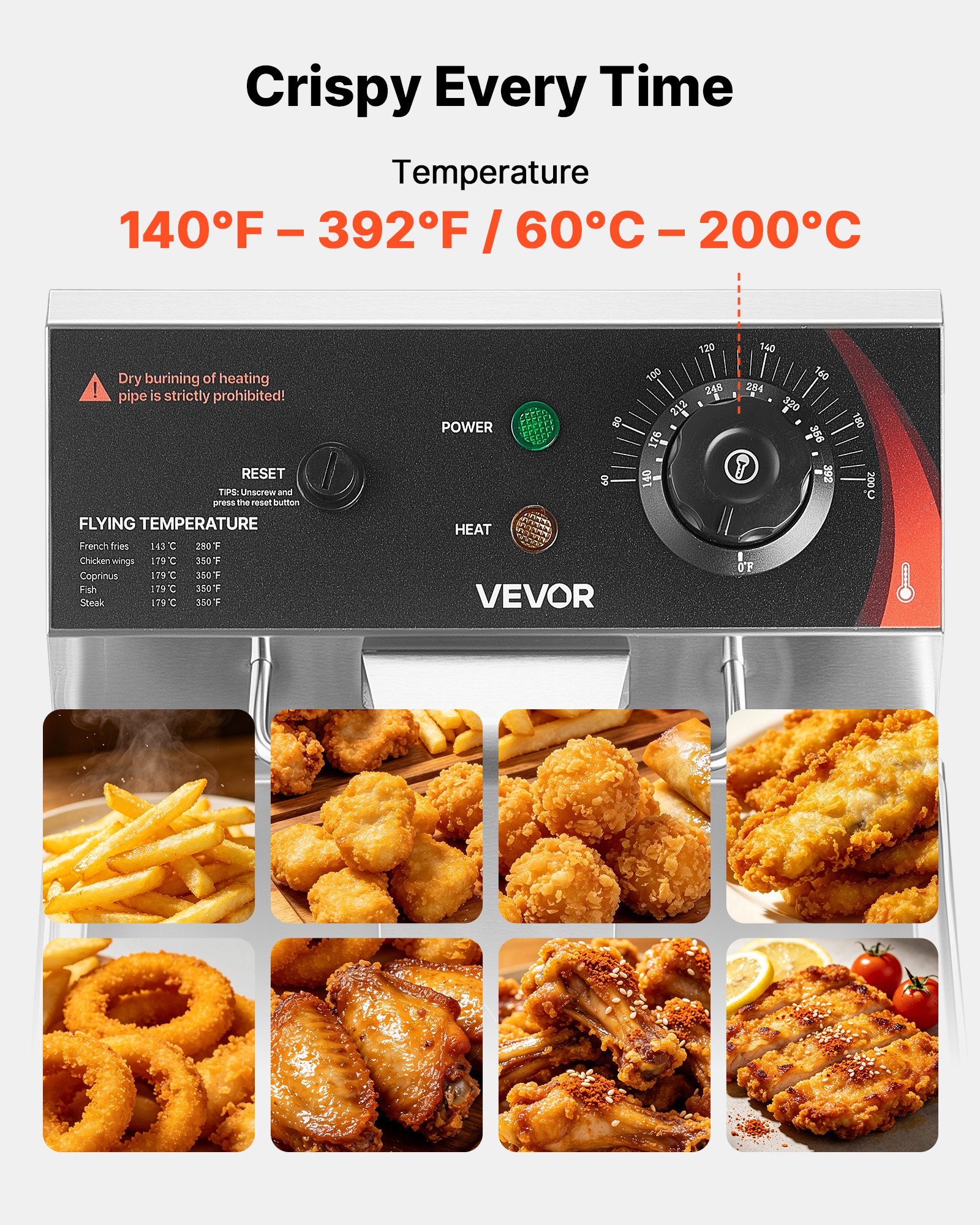 VEVOR Commercial Electric Deep Fryer, 7.5 L Oil Capacity, 2500W Stainless Steel Countertop Fryer with Basket and Lid, Overheat Protection, Temp Control, Adjustable Feet for Commercial Restaurant Use