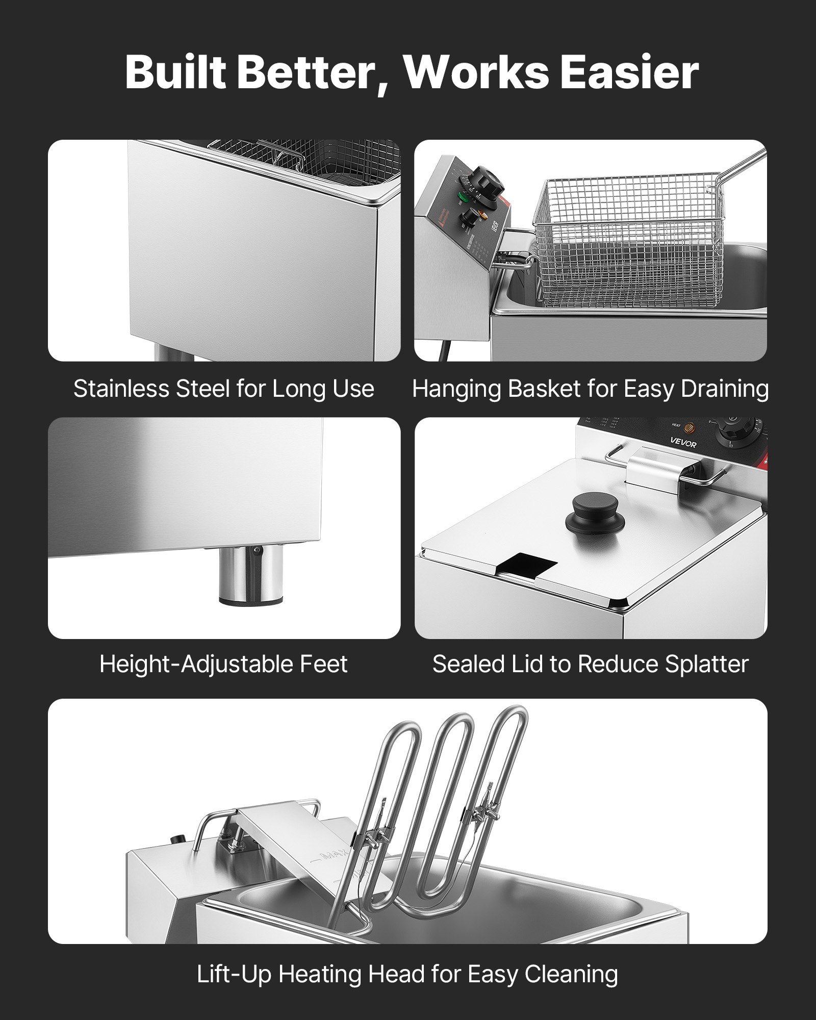 VEVOR Commercial Electric Deep Fryer, 7.5 L Oil Capacity, 2500W Stainless Steel Countertop Fryer with Basket and Lid, Overheat Protection, Temp Control, Adjustable Feet for Commercial Restaurant Use