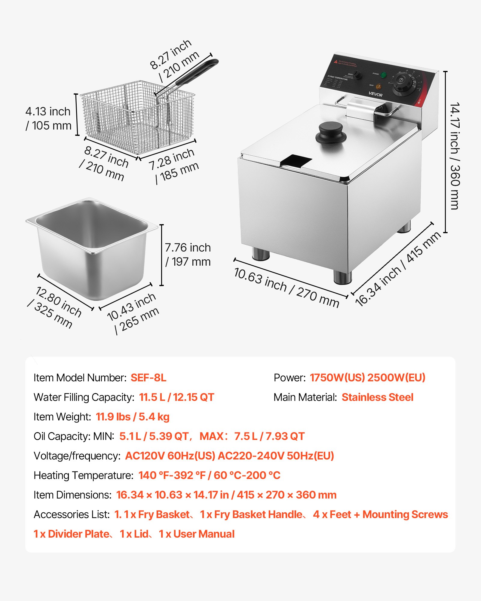 VEVOR Commercial Electric Deep Fryer, 7.5 L Oil Capacity, 2500W Stainless Steel Countertop Fryer with Basket and Lid, Overheat Protection, Temp Control, Adjustable Feet for Commercial Restaurant Use