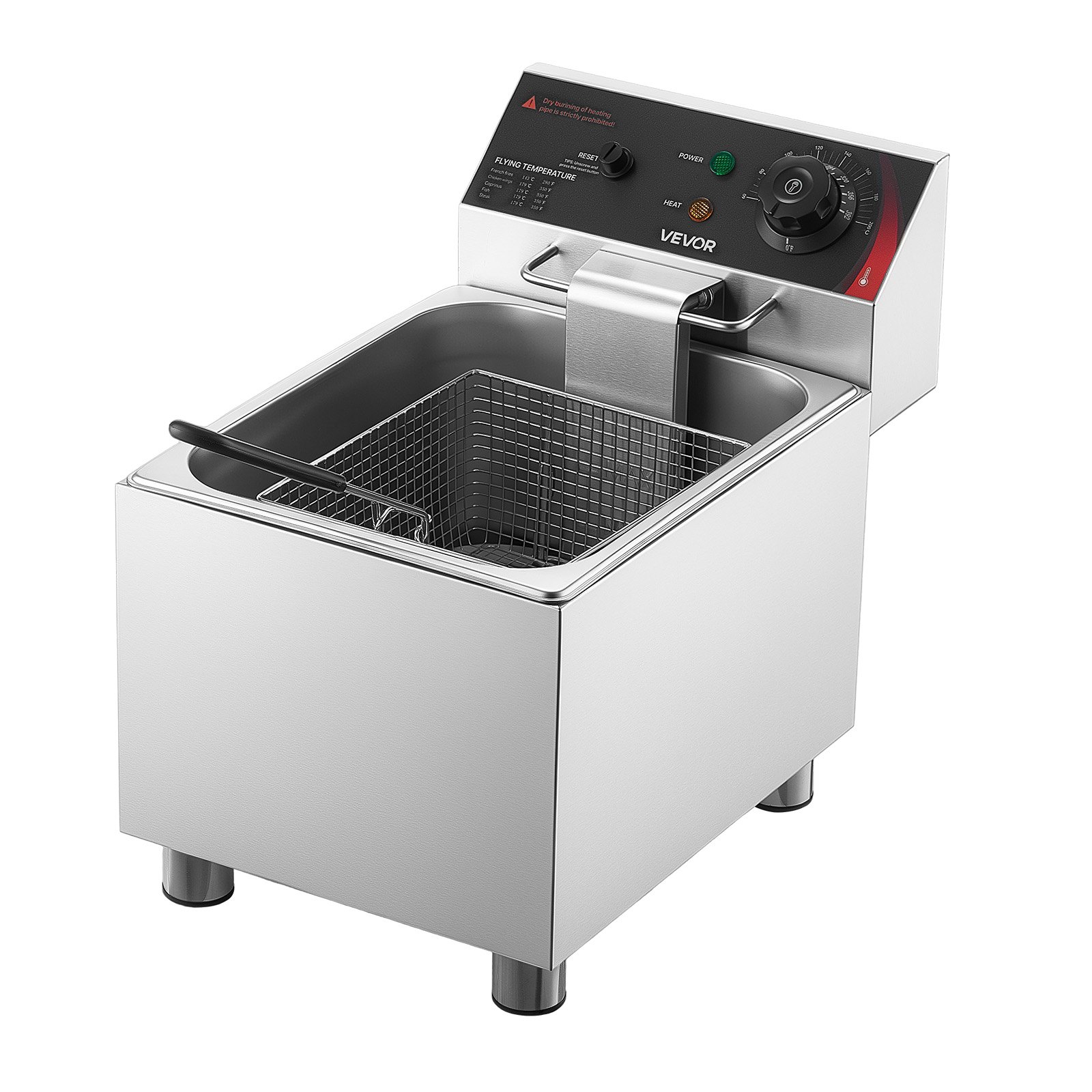 VEVOR Commercial Electric Deep Fryer, 7.5 L Oil Capacity, 2500W Stainless Steel Countertop Fryer with Basket and Lid, Overheat Protection, Temp Control, Adjustable Feet for Commercial Restaurant Use