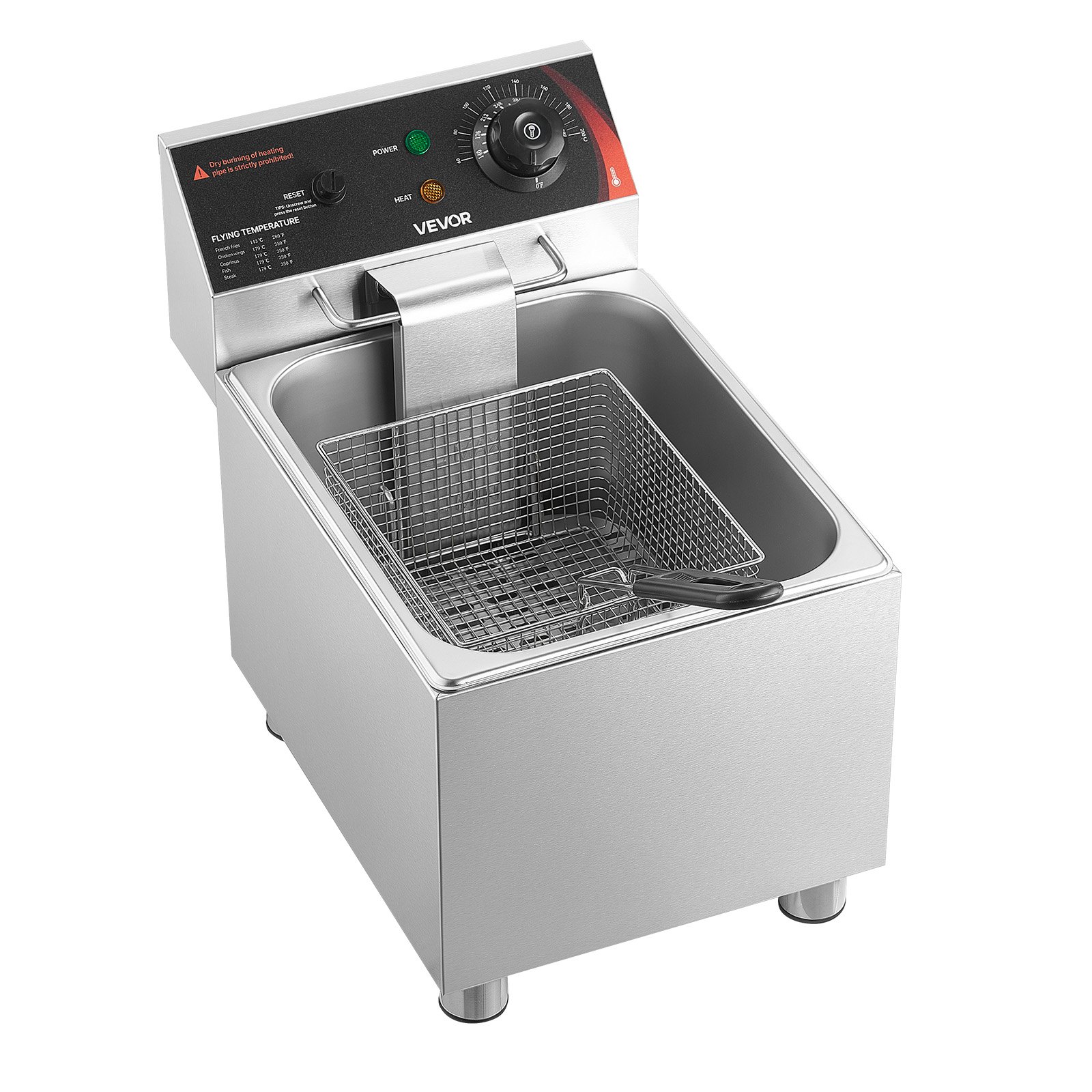 VEVOR Commercial Electric Deep Fryer, 7.5 L Oil Capacity, 2500W Stainless Steel Countertop Fryer with Basket and Lid, Overheat Protection, Temp Control, Adjustable Feet for Commercial Restaurant Use
