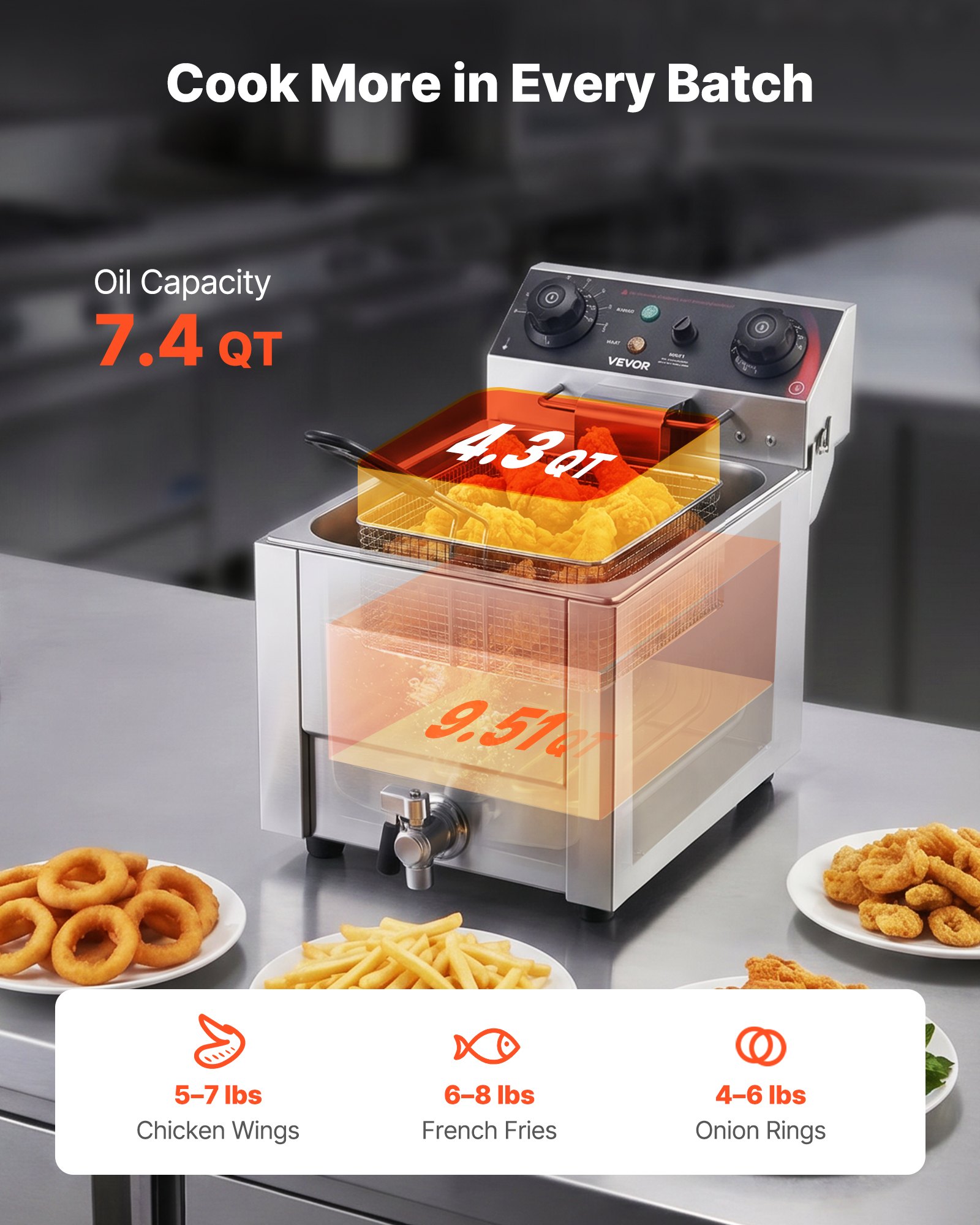 VEVOR Commercial Electric Deep Fryer, Oil Filtration Upgrade, 9.51 Qt, 1750W Stainless Steel Countertop Fryer with Basket and Lid, Temp Control, Oil Drain Valve for Commercial Restaurant Use, Silver