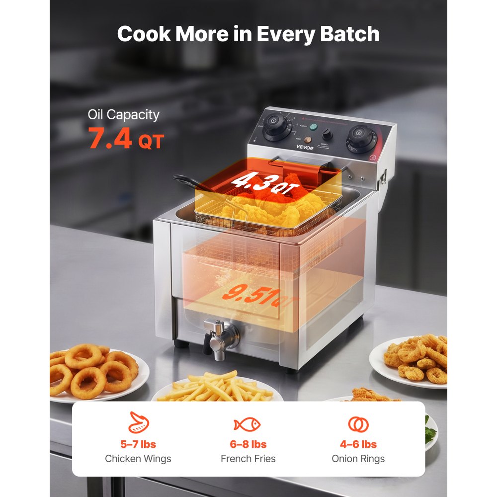 VEVOR Commercial Electric Deep Fryer, Oil Filtration Upgrade, 6.8 L Oil Capacity, 2500W Stainless Steel Countertop Fryer with Basket and Lid, Temp Control, Oil Drain Valve for Commercial Restaurant