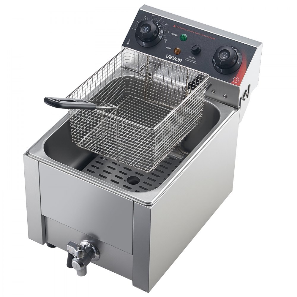 VEVOR Commercial Electric Deep Fryer, Oil Filtration Upgrade, 6.8 L Oil Capacity, 2500W Stainless Steel Countertop Fryer with Basket and Lid, Temp Control, Oil Drain Valve for Commercial Restaurant