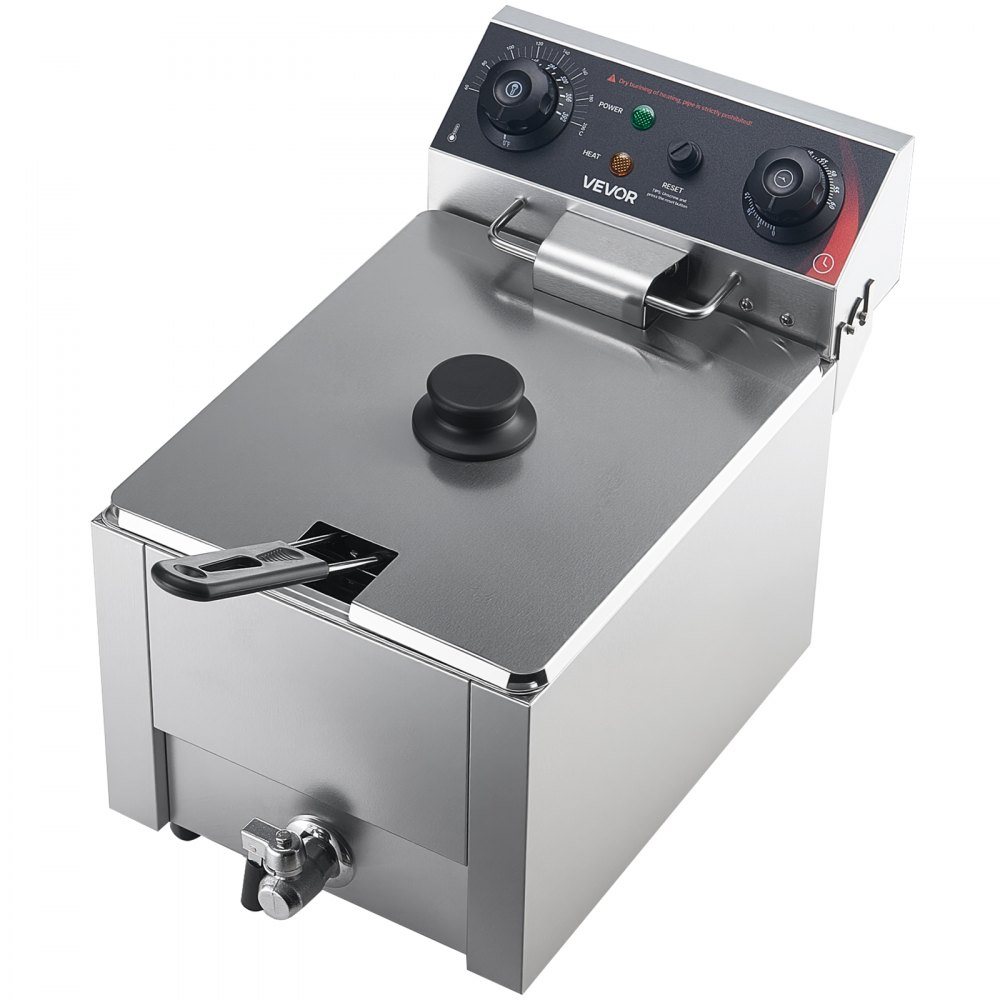 VEVOR Commercial Electric Deep Fryer, Oil Filtration Upgrade, 6.8 L Oil Capacity, 2500W Stainless Steel Countertop Fryer with Basket and Lid, Temp Control, Oil Drain Valve for Commercial Restaurant