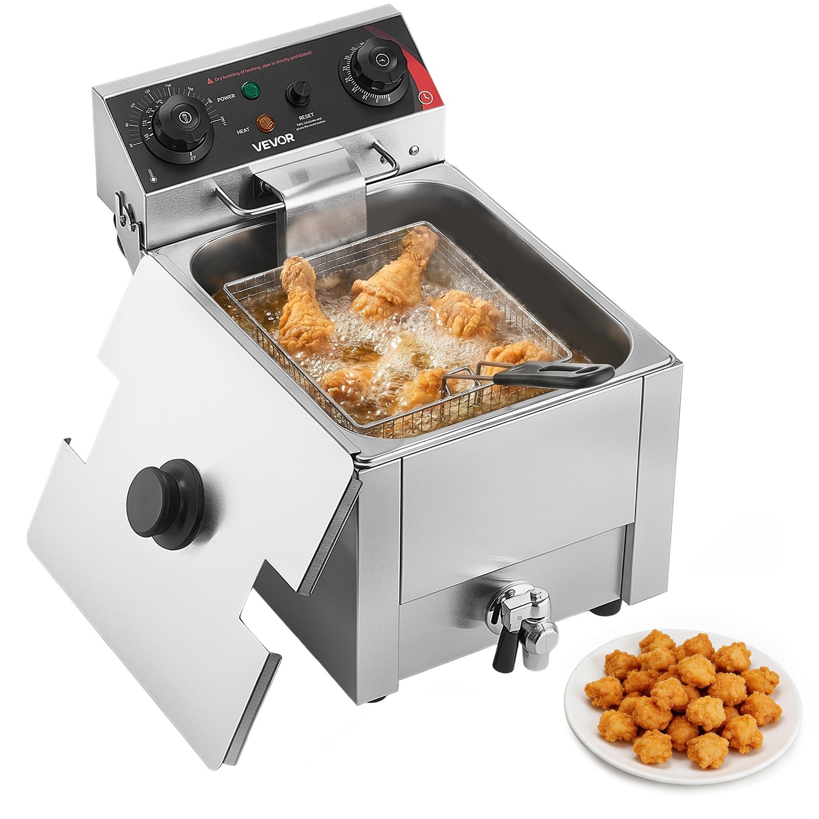 VEVOR Commercial Electric Deep Fryer, Oil Filtration Upgrade, 6.8 L Oil Capacity, 2500W Stainless Steel Countertop Fryer with Basket and Lid, Temp Control, Oil Drain Valve for Commercial Restaurant