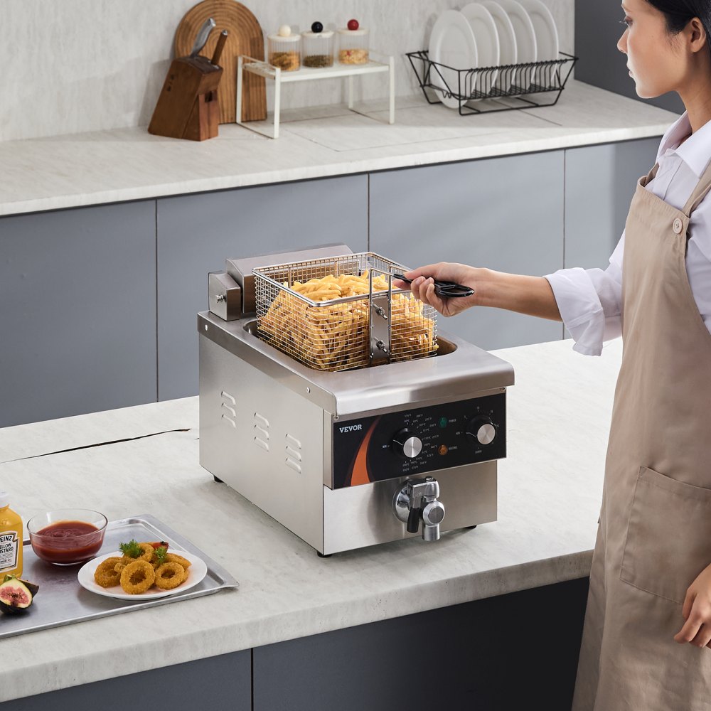VEVOR Commercial Deep Fryer, 1750W Electric Countertop Fryer with Basket, 9Qt /8.5 L Single Oil Fryer, 1mm Thickened Stainless Steel, Time & Temp Control, for Kitchen Restaurant Use, Silver