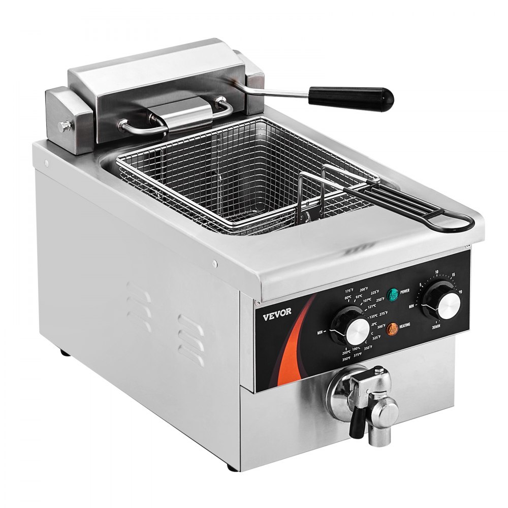 VEVOR Commercial Deep Fryer, 1750W Electric Countertop Fryer with Basket, 9Qt /8.5 L Single Oil Fryer, 1mm Thickened Stainless Steel, Time & Temp Control, for Kitchen Restaurant Use, Silver
