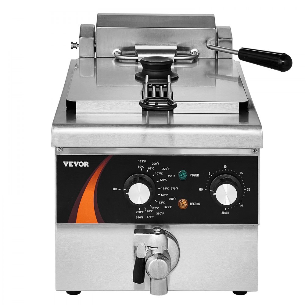 VEVOR Commercial Deep Fryer, 1750W Electric Countertop Fryer with Basket, 9Qt /8.5 L Single Oil Fryer, 1mm Thickened Stainless Steel, Time & Temp Control, for Kitchen Restaurant Use, Silver