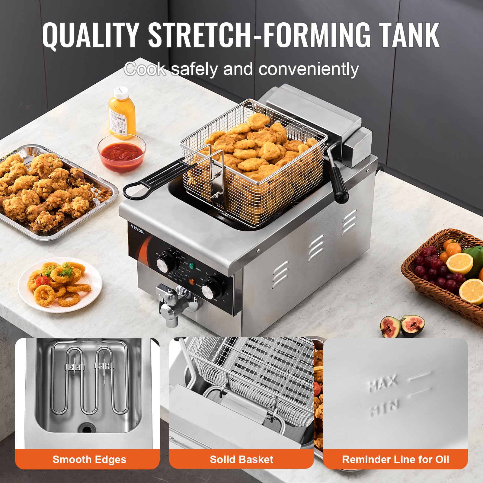 VEVOR Commercial Deep Fryer, 1750W Electric Countertop Fryer with Basket, 9Qt /8.5 L Single Oil Fryer, 1mm Thickened Stainless Steel, Time & Temp Control, for Kitchen Restaurant Use, Silver