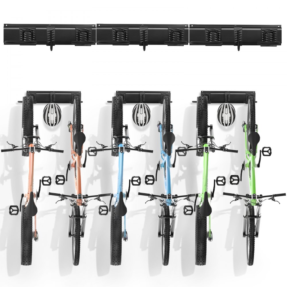 four mountain bikes hanging on a VEVOR bike storage rack, showcasing a colorful and organized display.