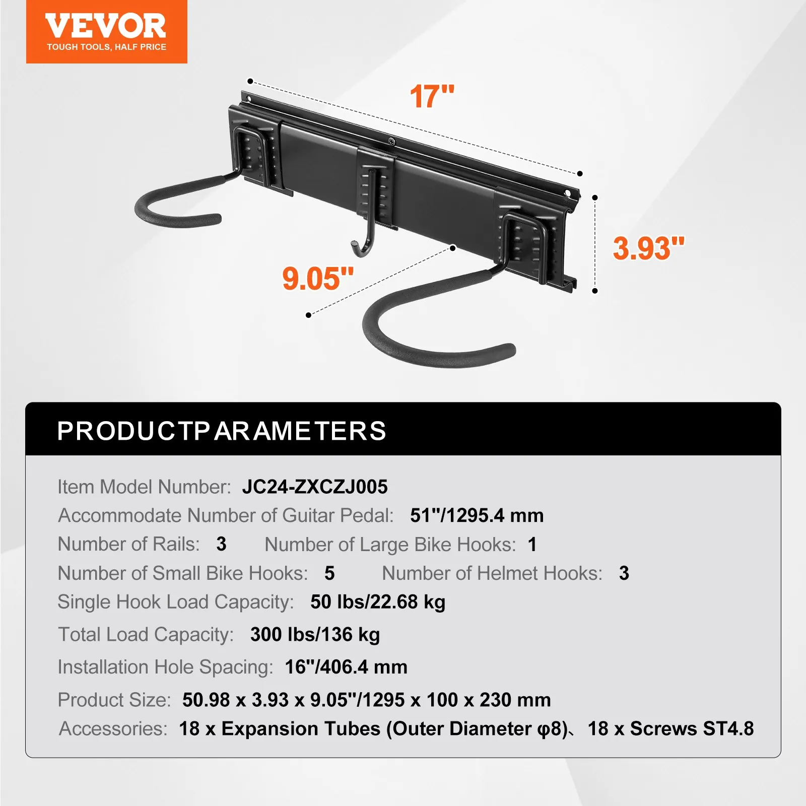 VEVOR bike storage rack with dimensions and specifications in gray background. model jc24-zxczj005.