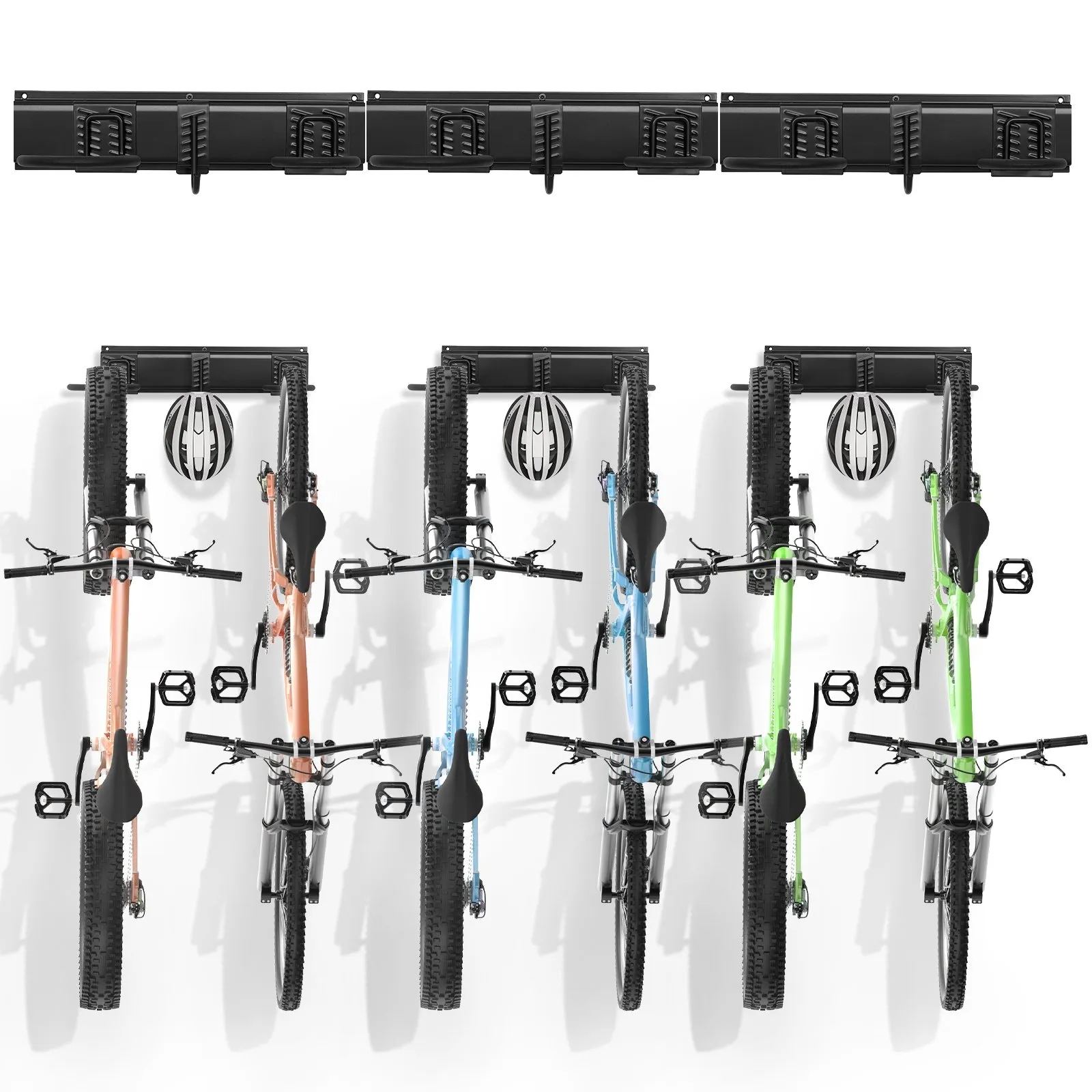 VEVOR bike storage rack holding multiple colorful mountain bikes vertically, saving space efficiently.